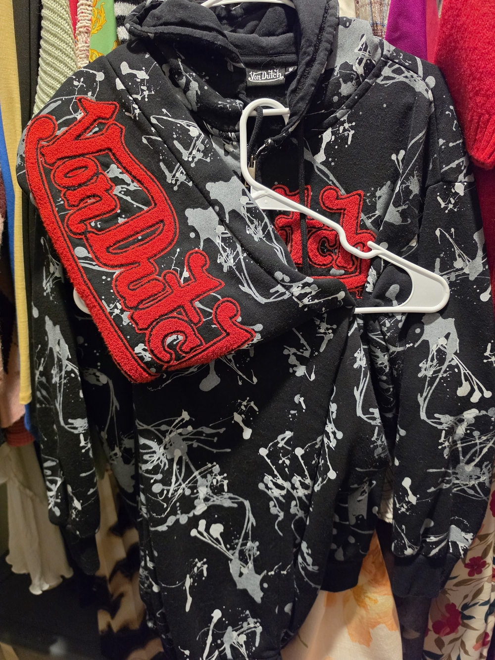 Von Dutch Womens Black Paint-Splash Hoodie SET with Red Logo